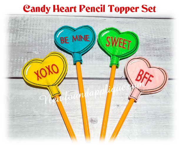 In The Hoop Candy Heart Pencil Topper Embroidery Machine Design Set