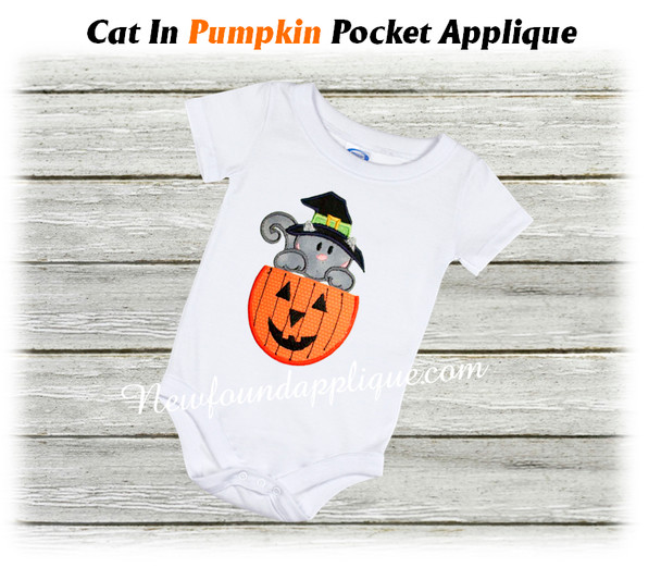 Cat in Pumpkin Pocket Applique Embroidery Machine Design