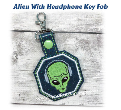 Alien with Headphones Key Fob Embroidery Machine Design