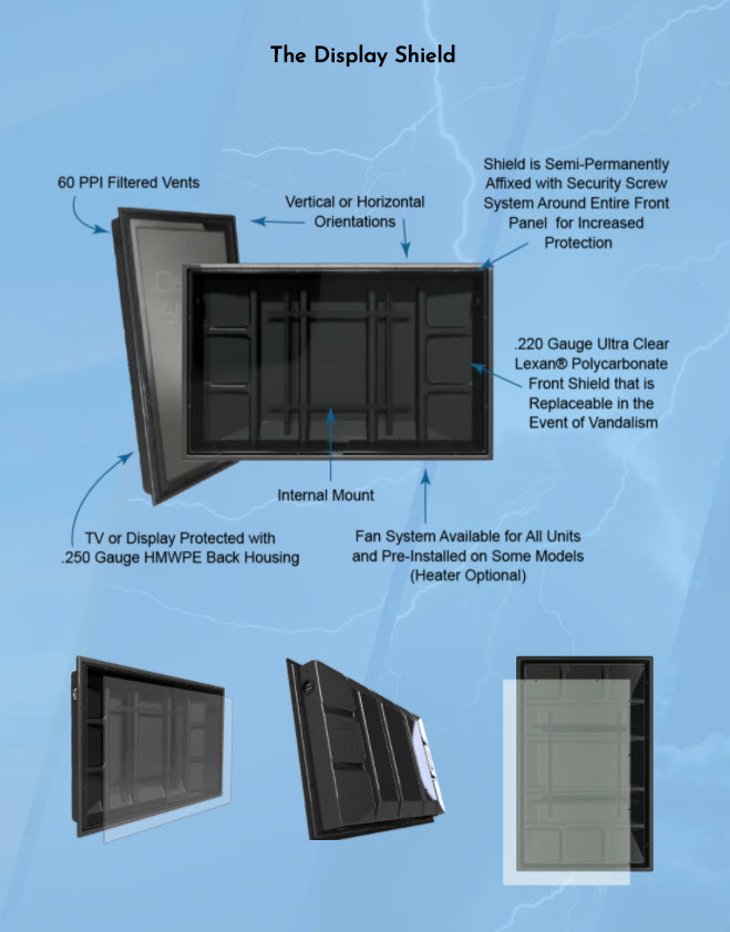 The Display Shield outdoor TV cabinet diagram and perspectives - front, open, closed, side, back of unit