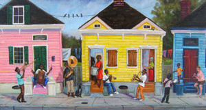 "My Block", artwork created by famous African-American artist, Ted T. Ellis in 2014. "My Block" depicts the neighbor of Treme in New Orleans, LA. Treme is the oldest community of "Free People of Color" in the United States. It is the birthplace of Jazz. A limited edition print of only 100 collectible 18x36 signed prints have been published on archival paper. Order yours today, $1850.00.