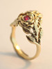 Double Rose and Ruby Ring - 14K Gold