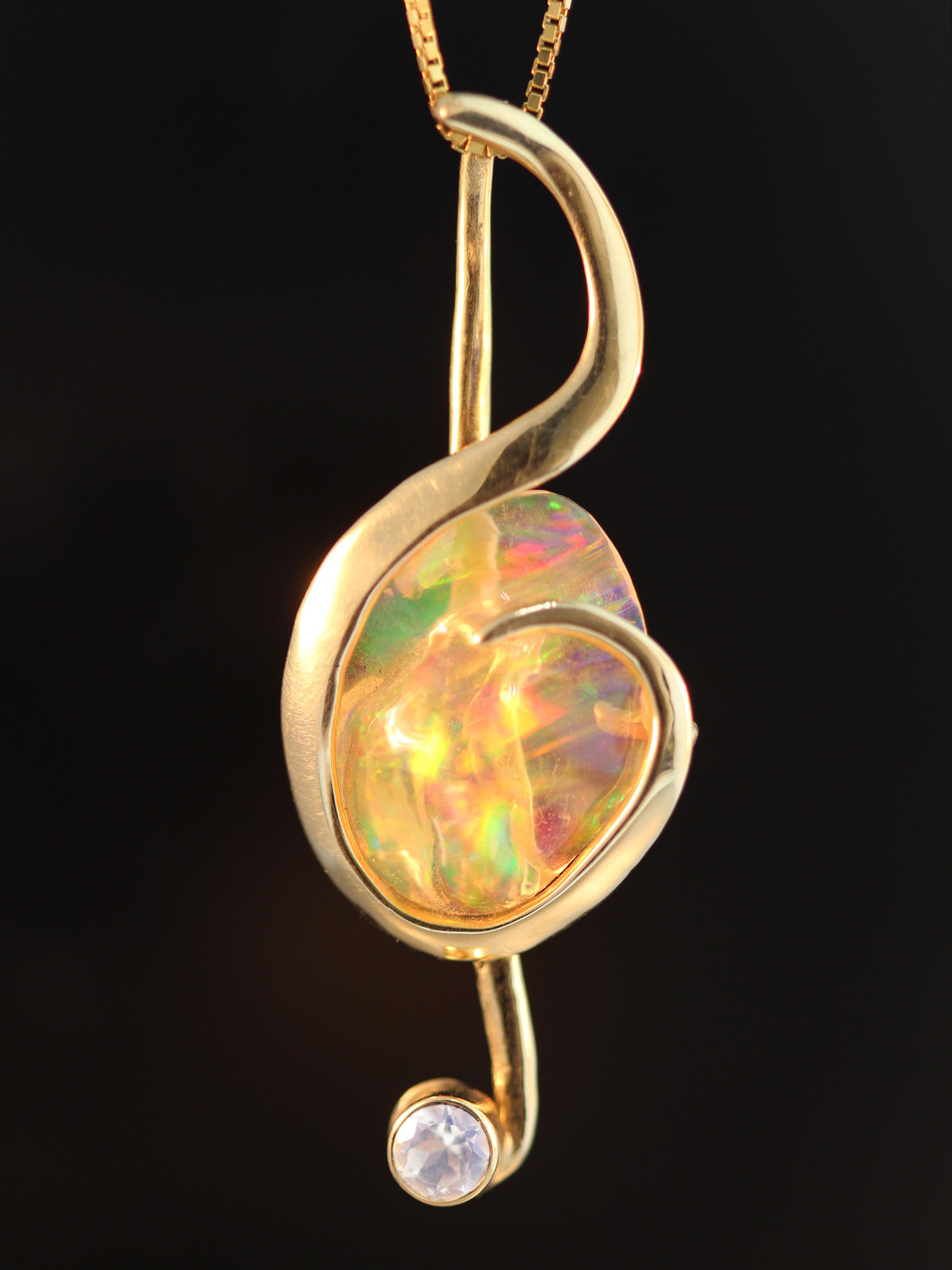 Treble Clef Opal Pendant with Rainbow Moonstone - 18K Gold