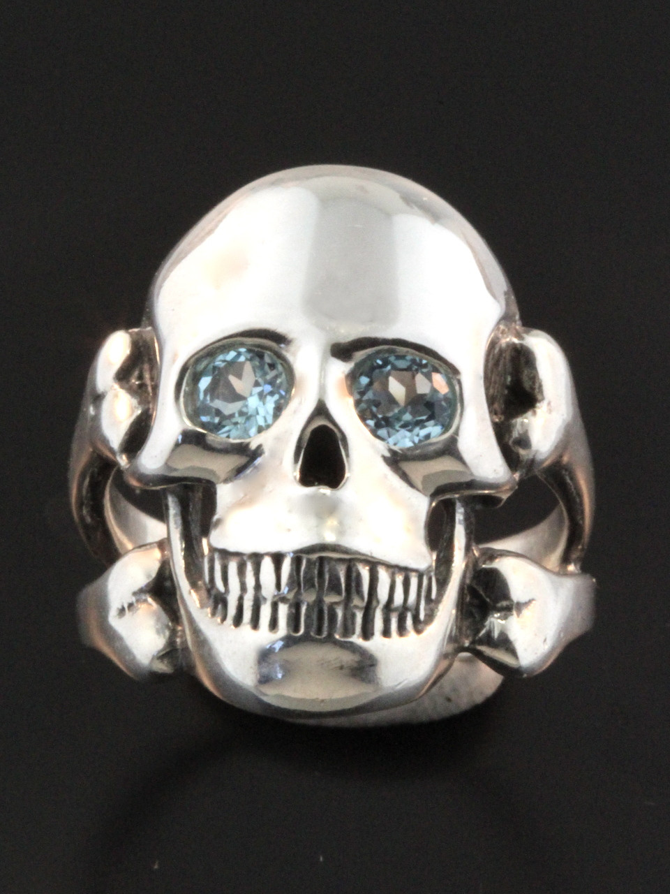 Large Skull and Crossbones Ring - Gemstone Eyes - Silver