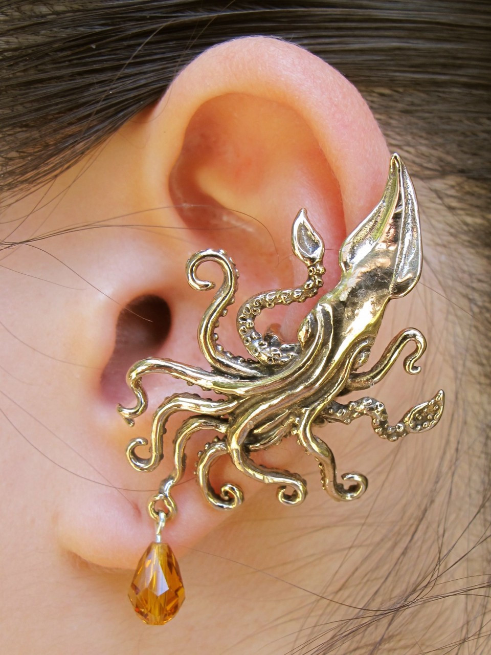 Kraken Squid Ear Cuff with Swarovski Briolette Drop - Bronze