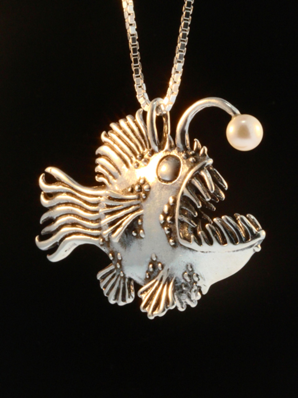 Large Angler Fish Pendant with White Pearl Lure - Silver