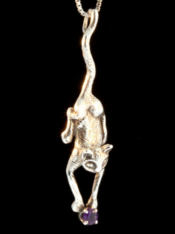 Cat - Crawling Cat Pendant with Gemstone - Silver