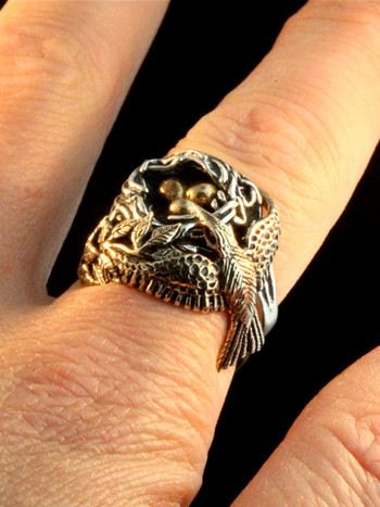 Bird and Bird Nest Ring with Golden Eggs 14K gold and Silver