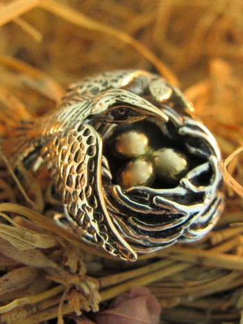 Bird and Bird Nest Ring with Golden Eggs - 14K gold and Silver