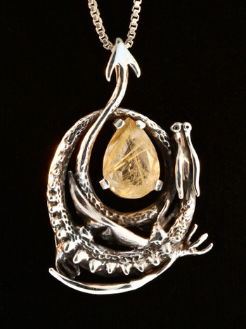 Curled Dragon Pendant with Rutilated Quartz - Sterling Silver