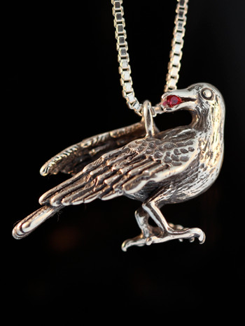 Sterling Silver Raven with Ruby in Beak