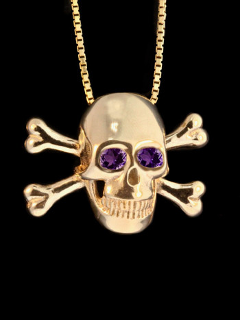 Large Skull and Crossbones Pendant w/ Gemstone Eyes in 14k Gold
