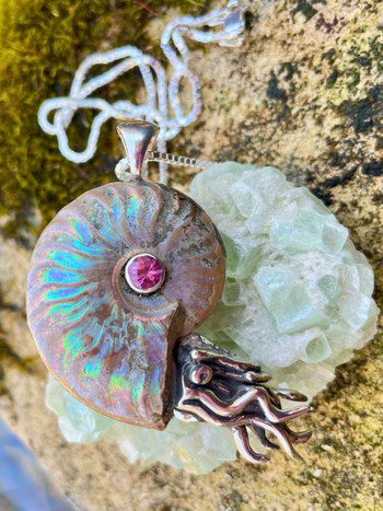 Rainbow Fossilized Ammonite Nautilus Necklace with Pink Tourmaline - Sterling Silver