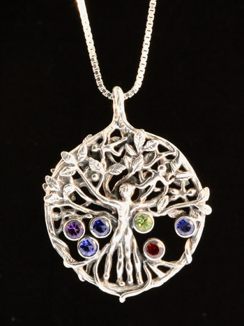 Circle of Life Tree Pendant with Gemstones - Silver