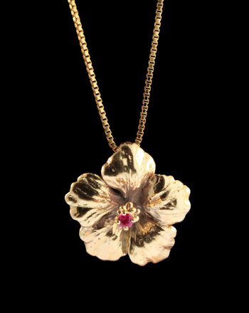 Hibiscus Charm with Ruby - 14k Gold