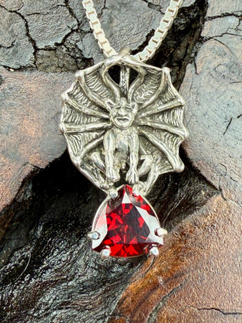 Gothic Gargoyle Pendant with 9mm Trillion Gemstone - Garnet