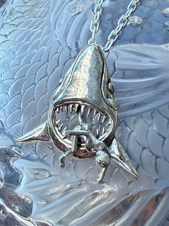 Shark Attack Jaws Pendant Man pictured with Anchor Chain - Silver