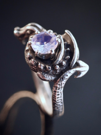 Curled Dragon Ring with Moonstone - Silver Curled Dragon Ring with Moonstone - Silver