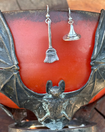 Sterling Silver Witch Hat and Broomstick Earrings