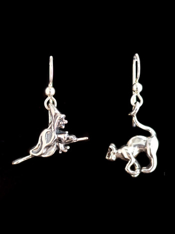 Witch and Cat Earring Set - Silver