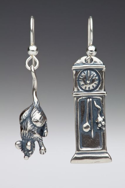 Mother Goose - Grandfather Clock and Mouse Earrings - Silver Mother Goose - Grandfather Clock and Mouse Earrings - Silver