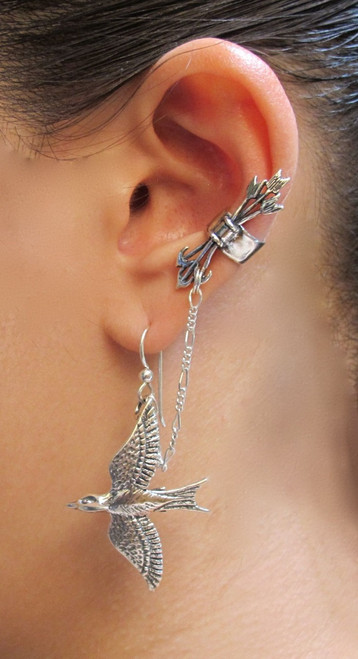 Silver Quiver and Arrows Ear Cuff and Mocking Jay - Bajoran Style in Silver Silver Quiver and Arrows Ear Cuff and Mocking Jay - Bajoran Style in Silver