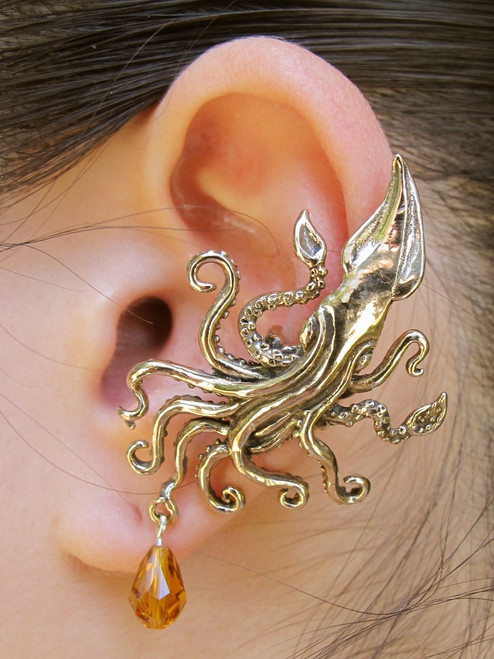 Kraken Squid Ear Cuff with Swarovski Briolette Drop - Bronze Kraken Squid Ear Cuff with Swarovski Briolette Drop - Bronze