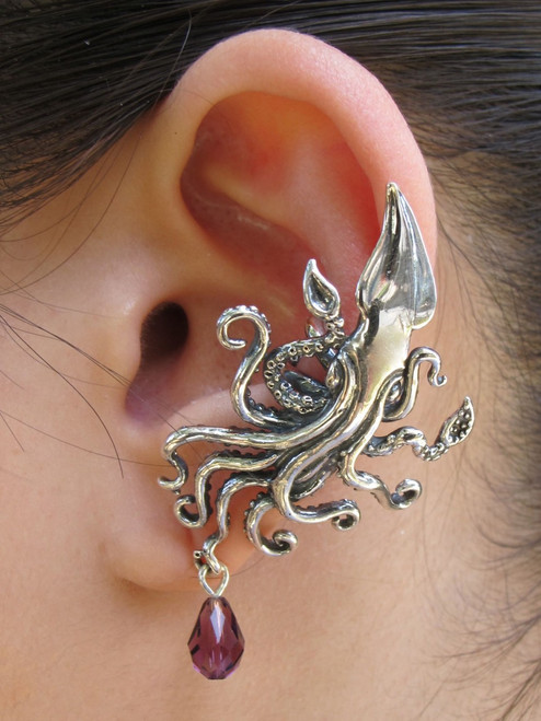 Kraken Squid Ear Cuff with Swarovski Briolette Drop - Silver Kraken Squid Ear Cuff with Swarovski Briolette Drop - Silver