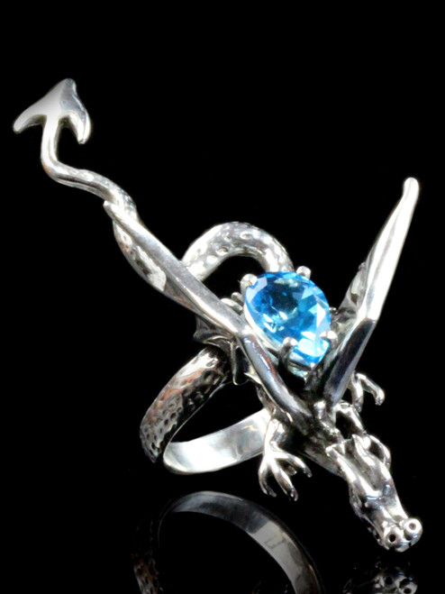 Dragon Sculpture Ring with Blue Topaz - Silver Dragon Sculpture Ring with Blue Topaz - Silver