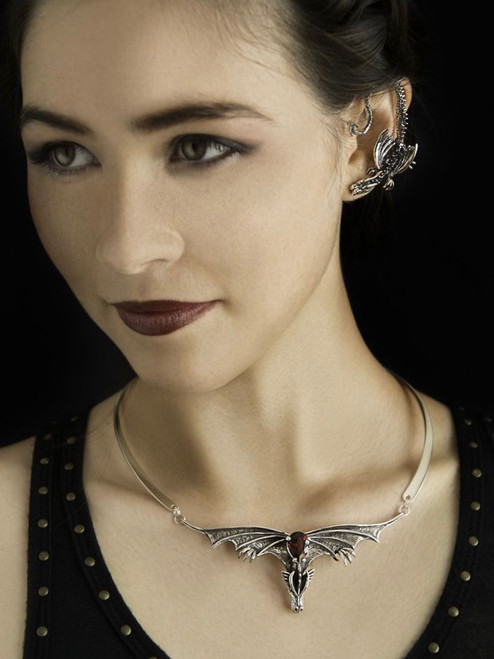 Gothic Dragon Neckpiece with Pear Garnet and Neck-ring - Silver
