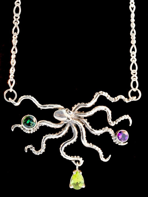 Octopus Neckpiece with Jeweled Treasures - Silver Octopus Neckpiece with Jeweled Treasures - Silver