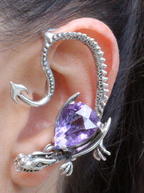 Throne Dragon Ear Wrap with Pear Shaped Amethyst - Silver Throne Dragon Ear Wrap with Pear Shaped Amethyst - Silver