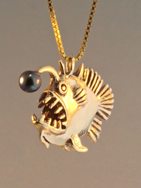 Gold Angler Fish Charm with Black Pearl - 14k Gold Gold Angler Fish Charm with Black Pearl - 14k Gold