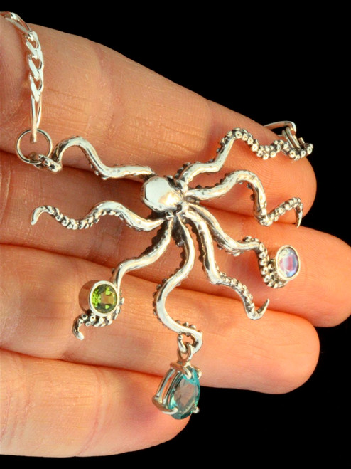 Octopus  Neckpiece with Jeweled Treasure II - Silver