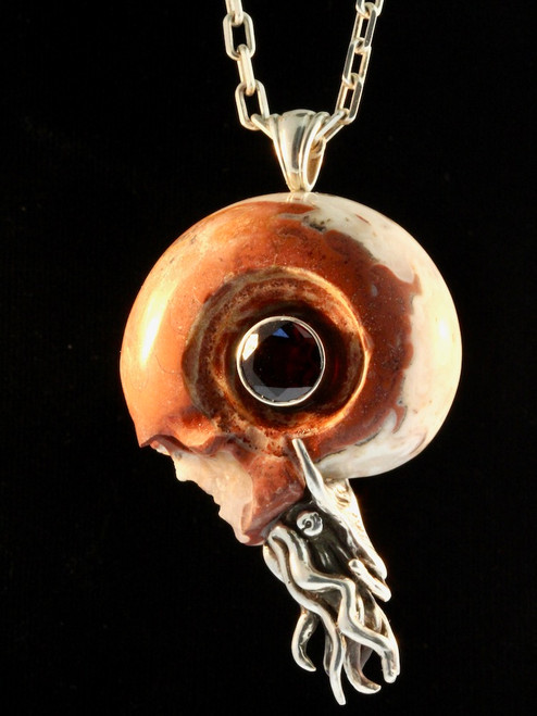 Colossal Carved Skull Ammonite Nautilus Pendant with 10mm Garnet