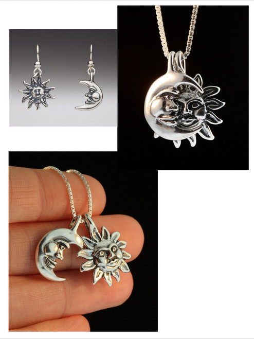 Celestial Jewelry Set - Eclipse Necklace and Sun Moon Earrings - Silver Celestial Jewelry Set - Eclipse Necklace and Sun Moon Earrings - Silver