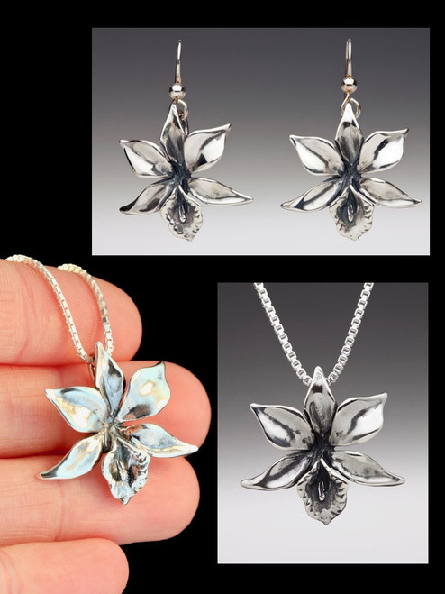 Orchid Jewelry Set - Orchid Necklace and Orchid Earrings - Silver Orchid Jewelry Set - Orchid Necklace and Orchid Earrings - Silver