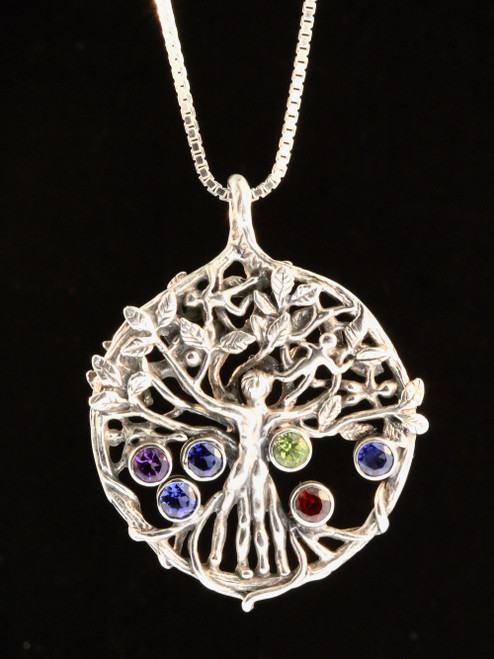 Circle of Life Tree Pendant with Gemstones - Silver