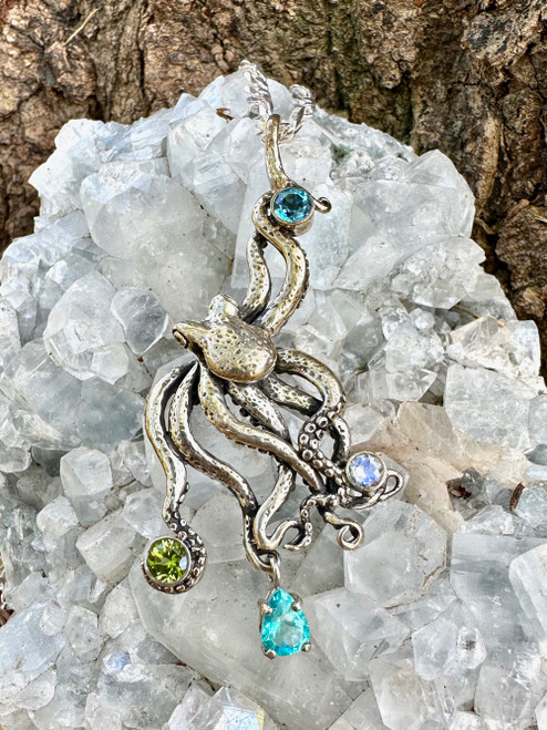 Large Octopus Pendant with Gemstones - Appetite - Blue Topaz - Peridot - Rainbow Moonstone - Silver Large Octopus Pendant with Gemstones - Appetite - Blue Topaz - Peridot - Rainbow Moonstone - Silver