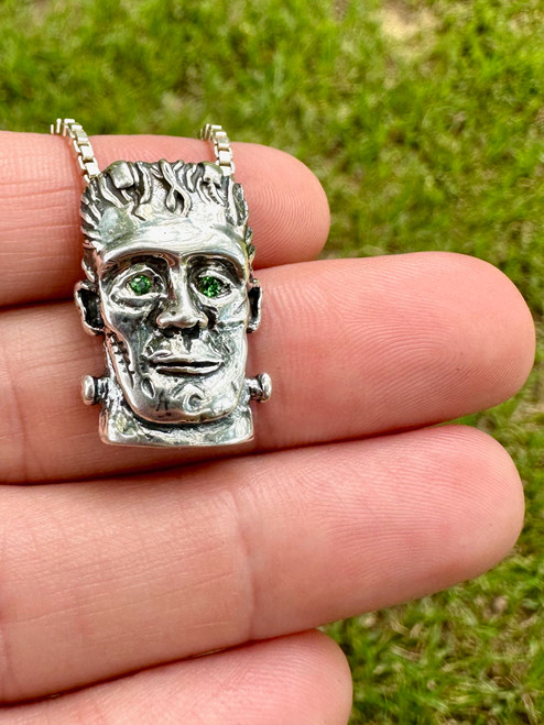 Frankenstein Pendant with Tsavorite Eyes - Silver Frankenstein Pendant with Tsavorite Eyes - Silver