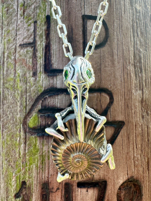 Raven Skull with Ammonite Negative and Tsavorite Eyes - Silver