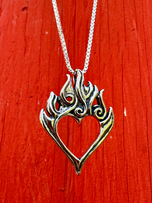 Burning Love Heart Pendant - Silver