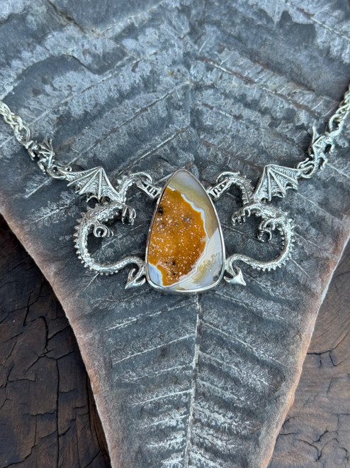 Spike Dragon Neckpiece with Druzy Quartz - Silver