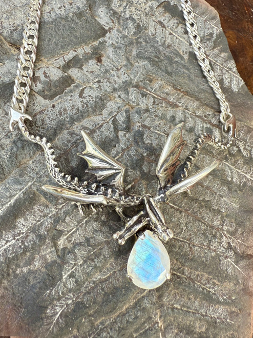 Eternity Dragon Pendant with Rainbow Moonstone - Silver