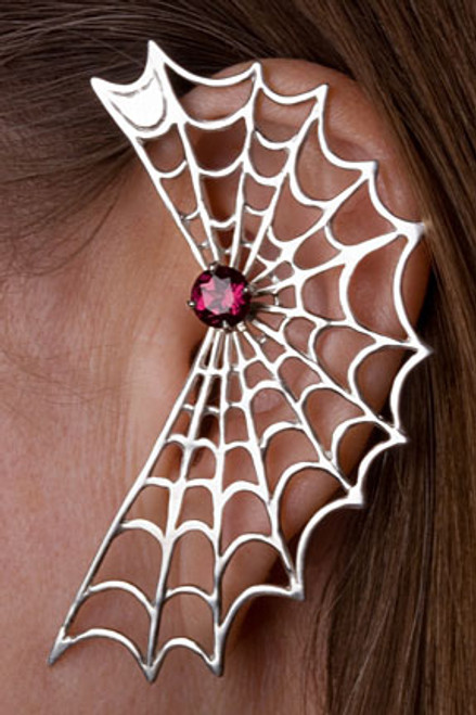 Spider Web Ear Wrap with Garnet - Silver Spider Web Ear Wrap with Garnet - Silver