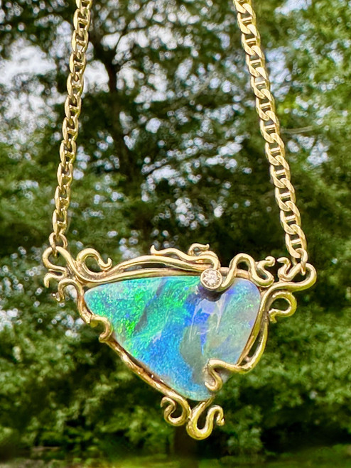 Ocean Reef - Australian Boulder Opal and diamond - 18K with 14K gold chain Ocean Reef - Australian Boulder Opal and diamond - 18K with 14K gold chain