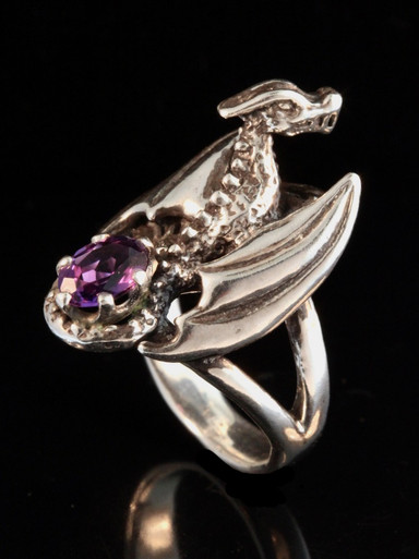 Sterling Silver Dragon Jewelry Ring with Amethysts - Noble Dragons