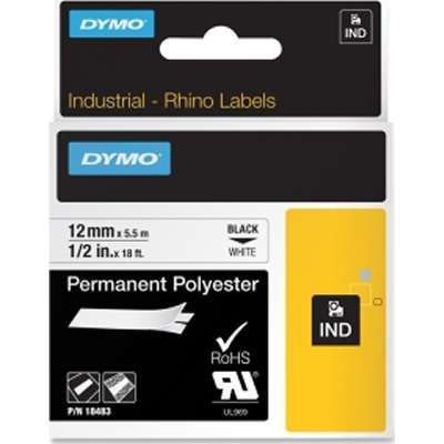 DYMO 18483 - 1/2" (12 mm) White Permanent Polyester Labels - 18' Long Roll
