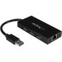 StarTech.com ST3300GU3B -  3-Port Portable USB 3.0 Hub with Gigabit Ethernet Adapter Aluminum with Cable