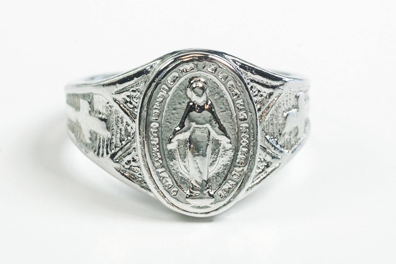 925 Silver Adjustable Ring With Miraculous Medal & White Enamel